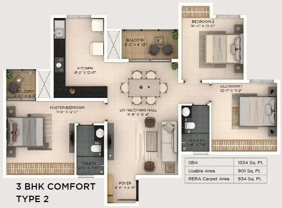 Purva Varthur 3 BHK Comfort floor plan, SBA 1,334 sq ft, RERA carpet 834 sq ft