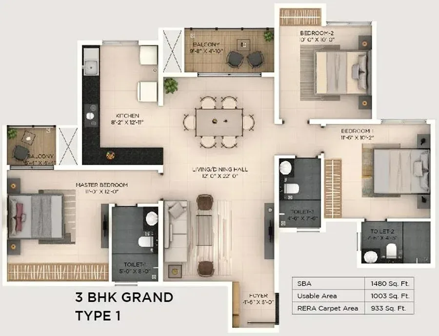 Purva Varthur 3 BHK Grand floor plan, SBA 1,480 sq ft, RERA carpet 933 sq ft