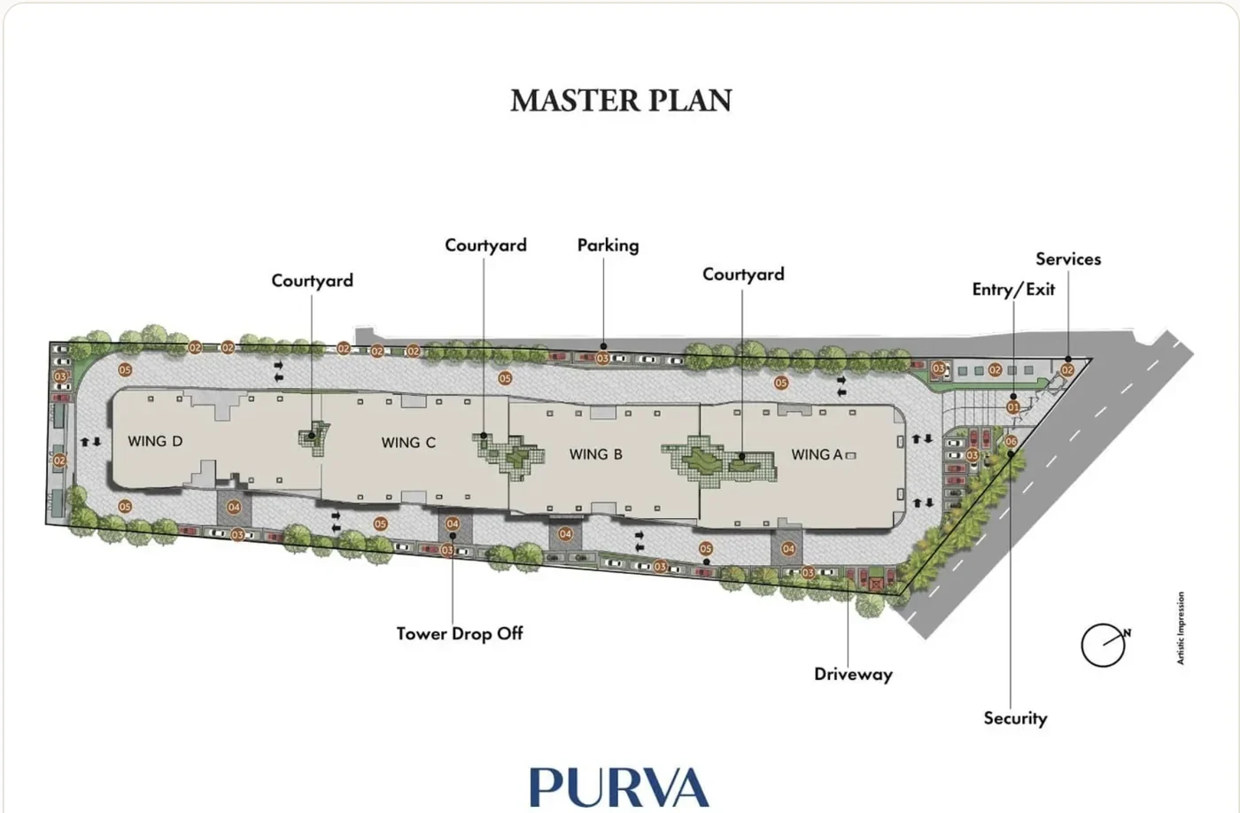 Purva Varthur master plan showing four wings, courtyards, drop-off and parking